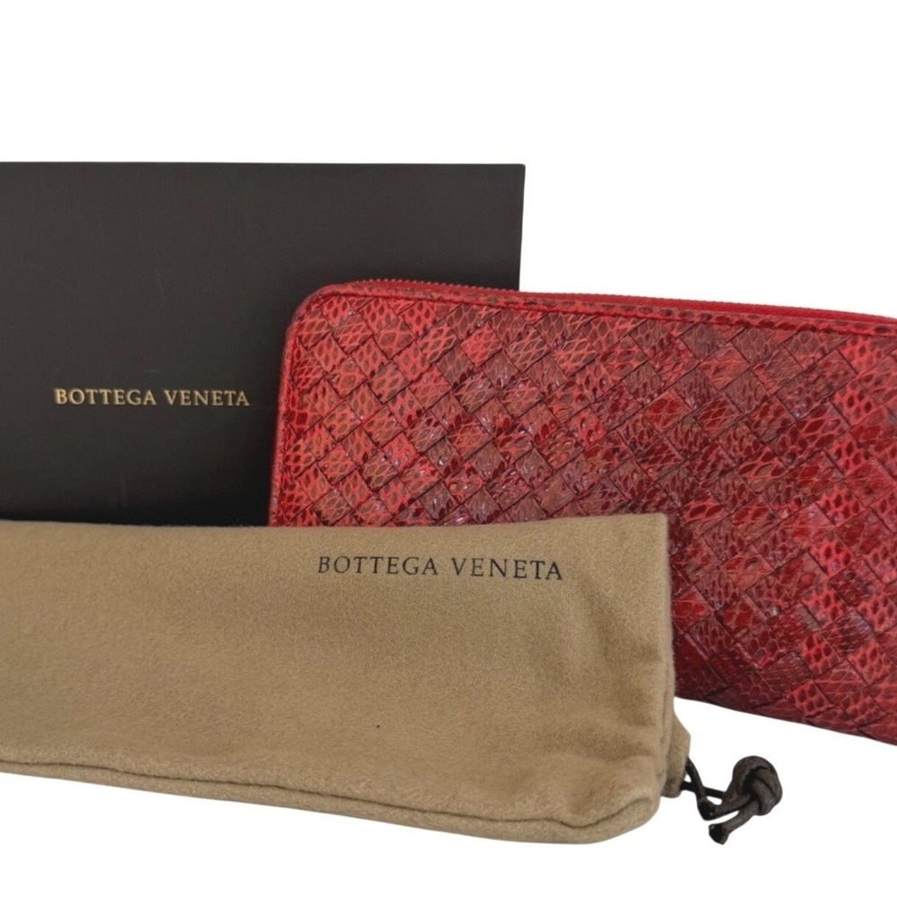 Bottega Veneta Intrecciato Python Zip Around Wallet Red Exotic Leather Box Dusty - Picture 2 of 12